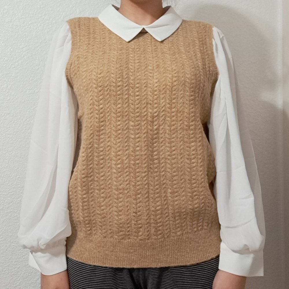 CeCe Oversized Vest/Collared Blouse combo with Sheer Long-Sleeves